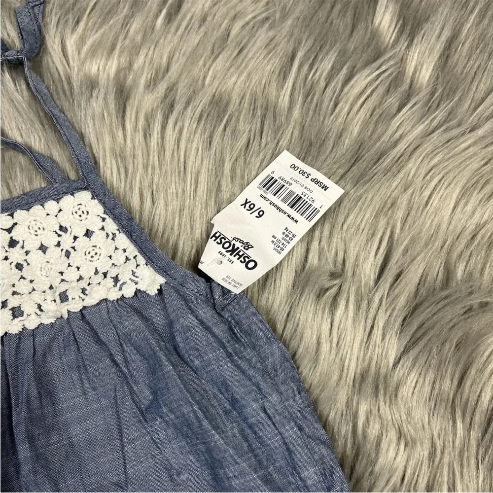 Oshkosh Bgosh Girls Chambray Blue White Romper Size 6/6X